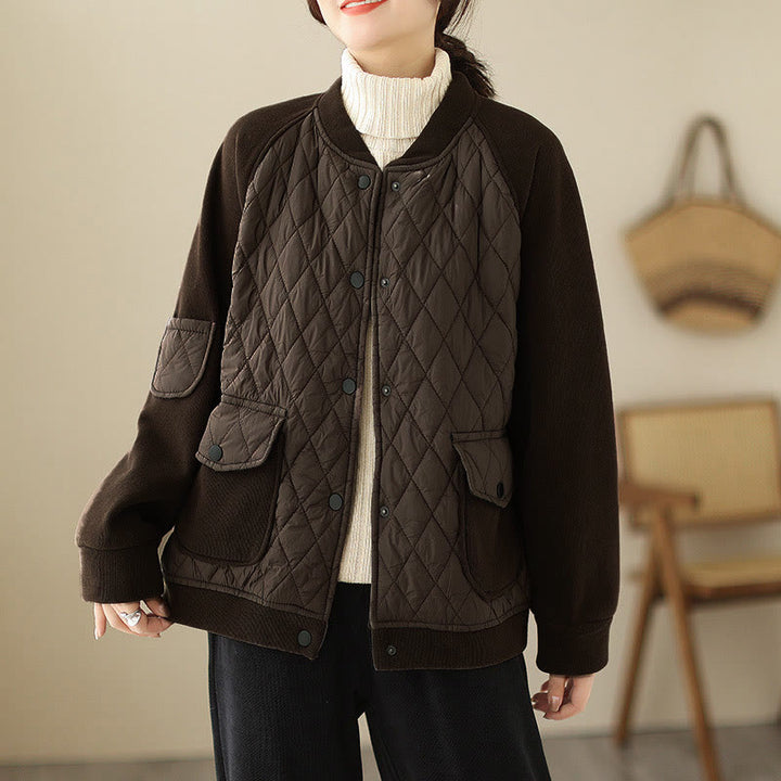 Buddha Stones Diamond Pattern Women's Long Sleeve Thickened Jacket With Pockets - SaddleBrown - US8-10，UK/AU12-14，EU40-42 (2XL) - image 0