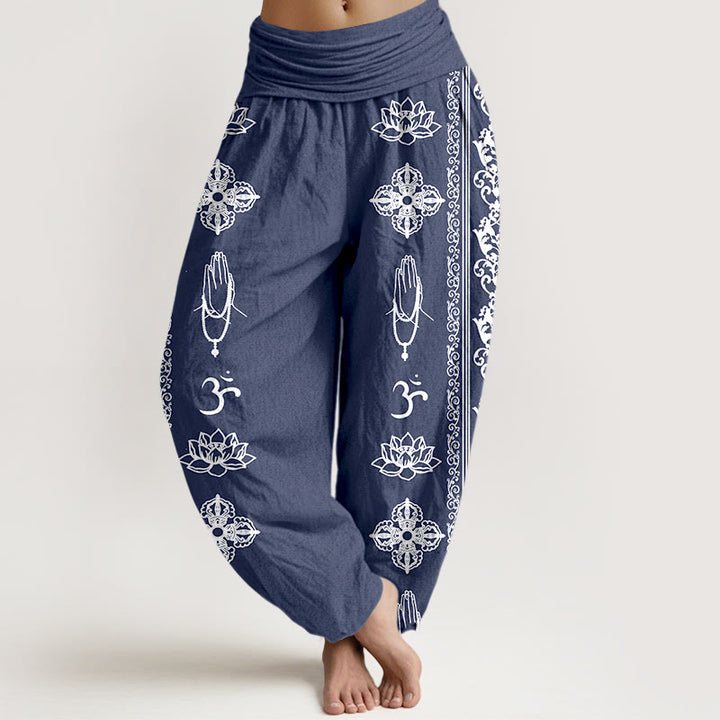 Buddha Stones Cotton Lotus Flowers Double Dorje Vajra Namaste Om Design Women's Elastic Waist Harem Pants - SteelBlue - US22，UK/AU26，EU54 (6XL) - image 11