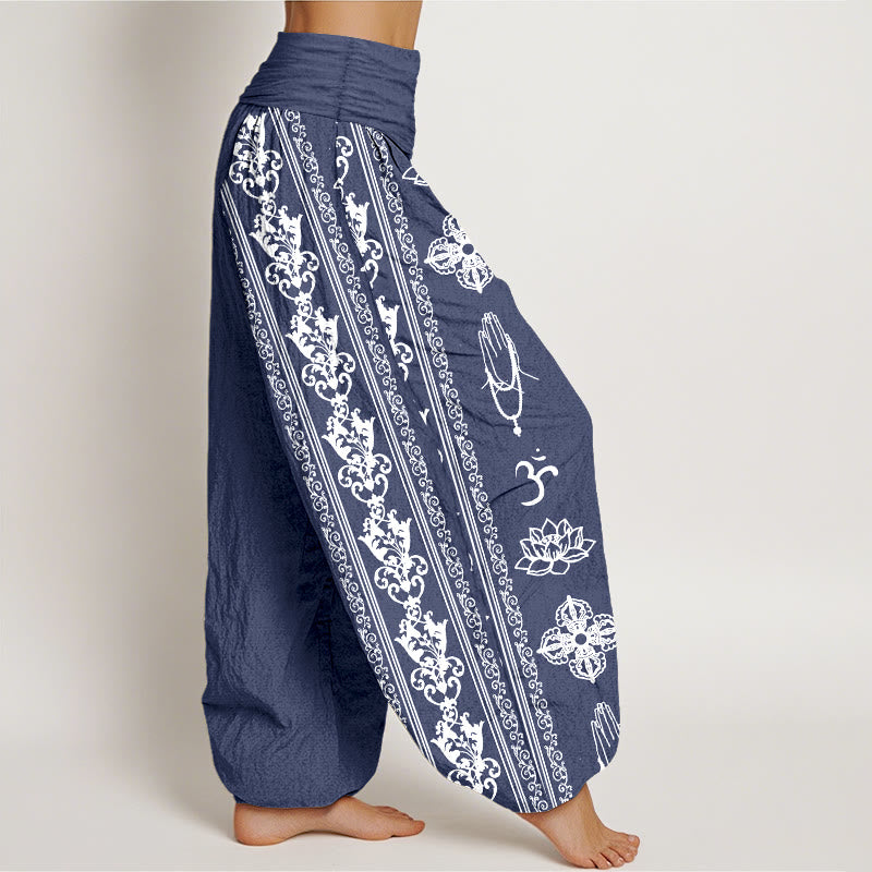 Buddha Stones Pure Cotton Lotus Flowers Double Dorje Vajra Namaste Om Design Women's Elastic Waist Harem Pants - image 16