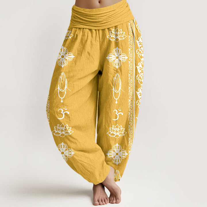 Buddha Stones Pure Cotton Lotus Flowers Double Dorje Vajra Namaste Om Design Women's Elastic Waist Harem Pants - Gold - US22，UK/AU26，EU54 (6XL) - image 17