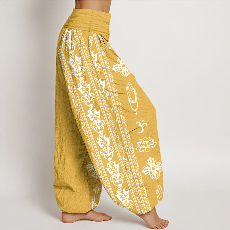 Buddha Stones Cotton Lotus Flowers Double Dorje Vajra Namaste Om Design Women's Elastic Waist Harem Pants - image 16