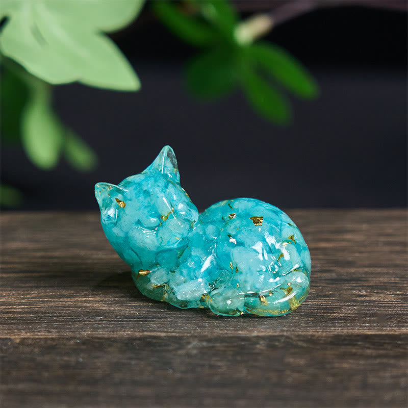 Buddha Stones Crystal Chip Epoxy Resin Small Cat Positive Decoration  - Aquamarine (32*43*53mm) - image 16