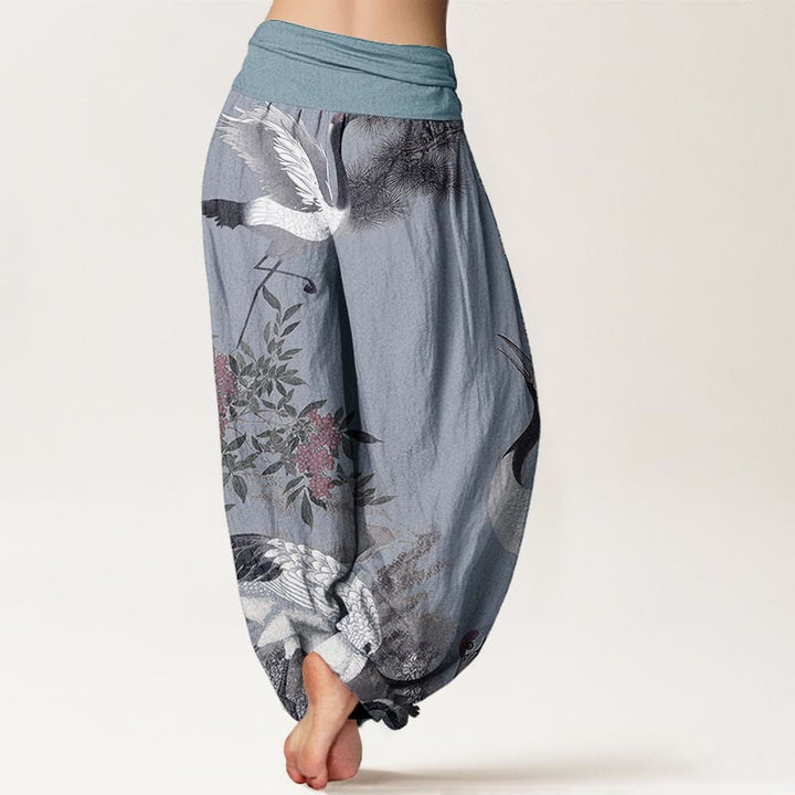 Buddha Stones Pure Cotton Casual Red-crowned Crane Pine Tree Mountain Women's Elastic Waist Harem Pants - image 9