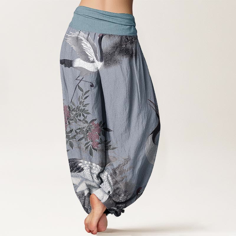 Buddha Stones Cotton Casual Red-crowned Crane Pine Tree Mountain Women's Elastic Waist Harem Pants - image 8