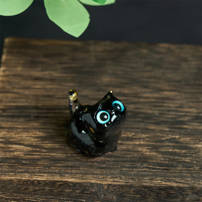 Buddha Stones Crystal Drip Resin Small Cat Serenity Fulfilment Decoration Statue - Black Obsidian(36*32*22mm) - image 0
