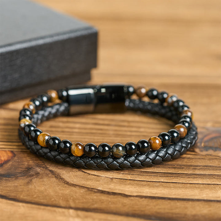 Buddha Stones Black Onyx Tiger Eye Titanium Steel Leather Protection Bracelet - image 10