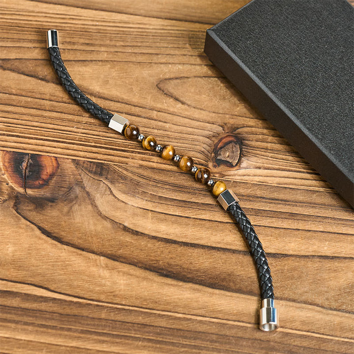 Buddha Stones Tiger Eye Titanium Steel Courage Balance Leather Bracelet - image 4