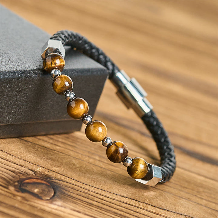Buddha Stones Tiger Eye Titanium Steel Courage Balance Leather Bracelet - image 3