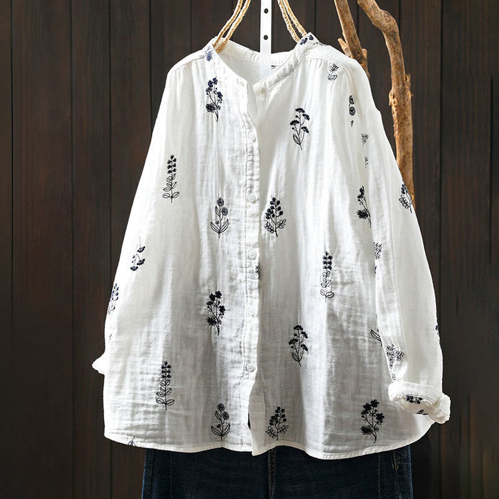 Buddha Stones Floral Embroidery Buttons Down Long Sleeve Women's Cotton Shirt - White - US4-6，UK/AU8-10，EU36-38 (F) - image 0