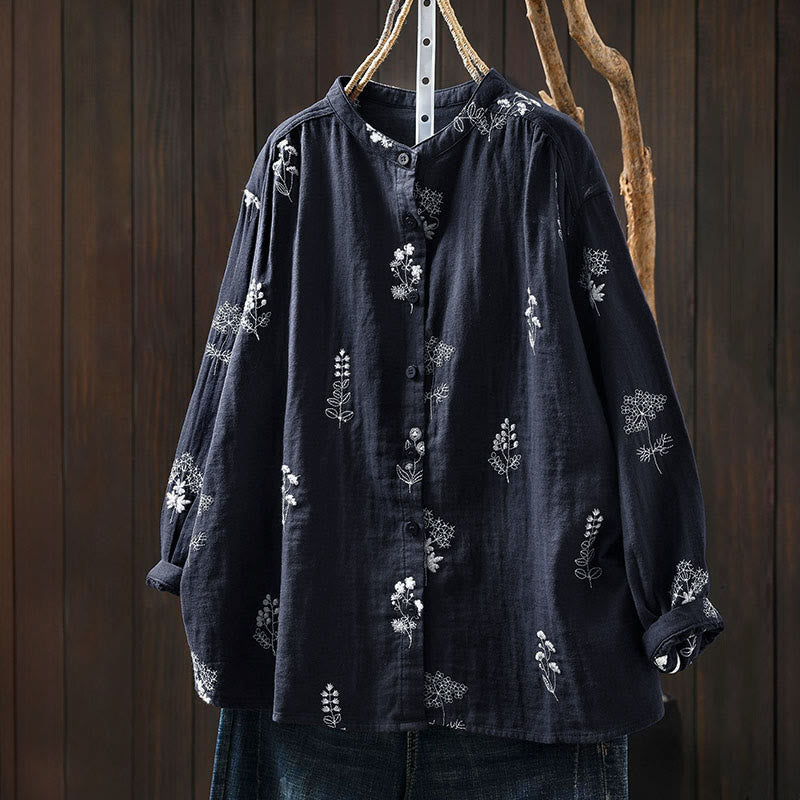 Buddha Stones Floral Embroidery Buttons Down Long Sleeve Women's Cotton Shirt - SteelBlue - US4-6，UK/AU8-10，EU36-38 (F) - image 14