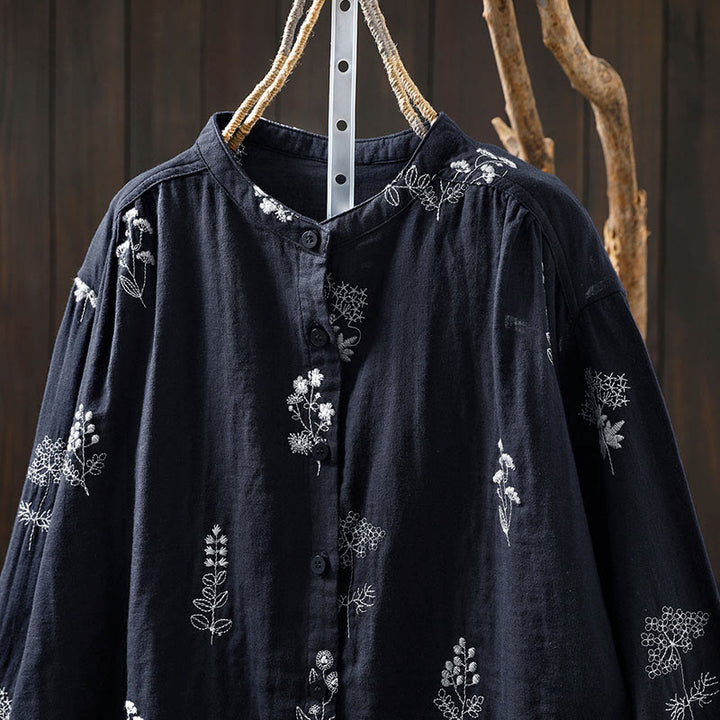 Buddha Stones Floral Embroidery Buttons Down Long Sleeve Women's Cotton Shirt - image 15