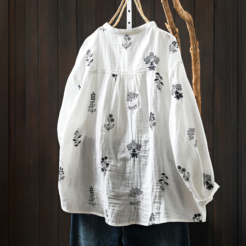 Buddha Stones Floral Embroidery Buttons Down Long Sleeve Women's Cotton Shirt - image 1