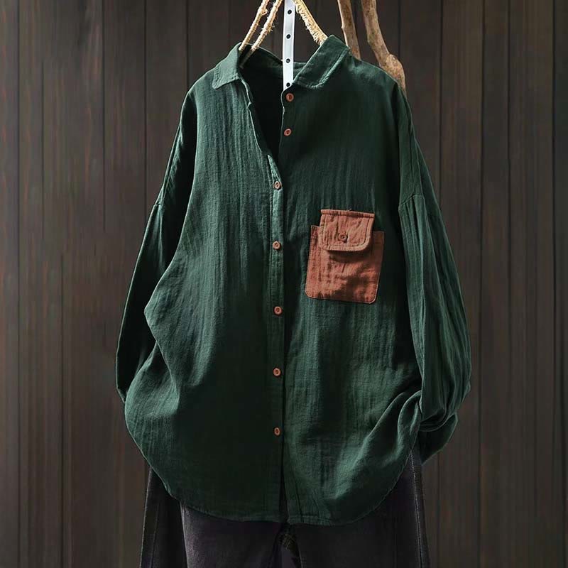 Buddha Stones Fall Contrasting Pocket Buttons Down Long Sleeve Women's Cotton Shirt - MediumSeaGreen - US4-8/10，UK/AU8-12/14，EU36-40/42 (F) - image 0