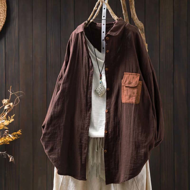 Buddha Stones Fall Contrasting Pocket Buttons Down Long Sleeve Women's Cotton Shirt - SaddleBrown - US4-8/10，UK/AU8-12/14，EU36-40/42 (F) - image 20