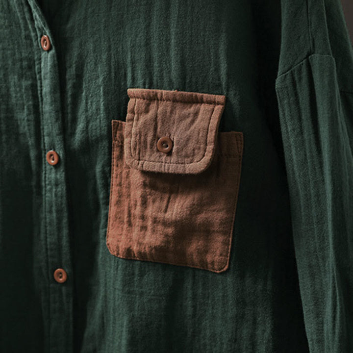 Buddha Stones Fall Contrasting Pocket Buttons Down Long Sleeve Women's Cotton Shirt - image 6