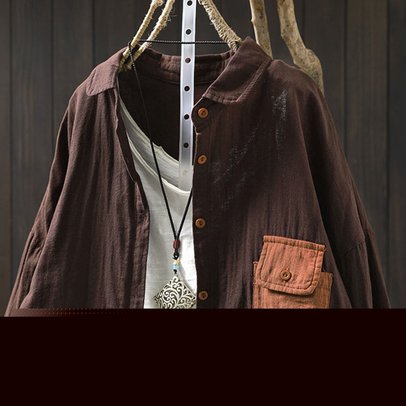 Buddha Stones Fall Contrasting Pocket Buttons Down Long Sleeve Women's Cotton Shirt - image 21