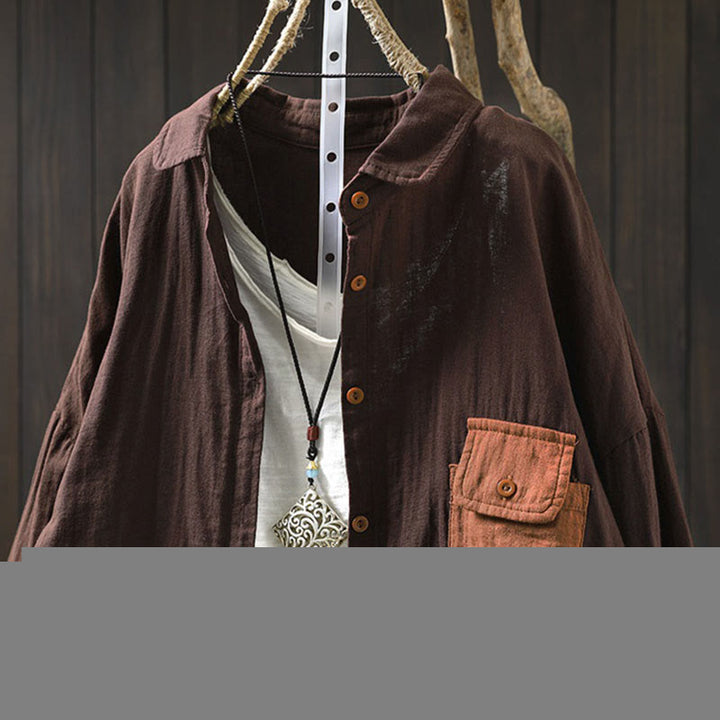 Buddha Stones Fall Contrasting Pocket Buttons Down Long Sleeve Women's Cotton Shirt - image 21