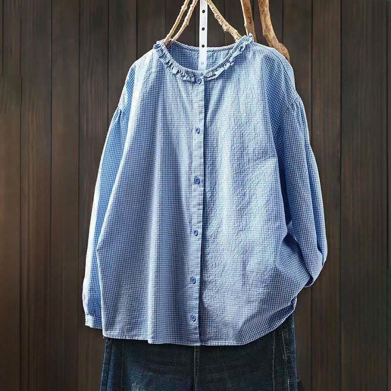 Buddha Stones Spring Small Plaid Buttons Down Long Sleeve Women's Cotton Shirt - LightSkyBlue - US4，UK/AU8，EU36 (L) - image 0