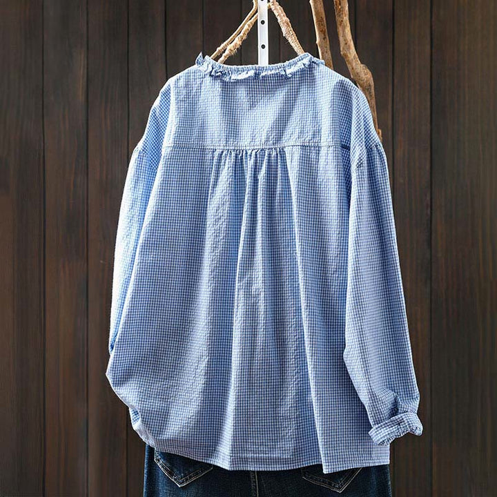 Buddha Stones Spring Small Plaid Buttons Down Long Sleeve Women's Cotton Shirt - image 1