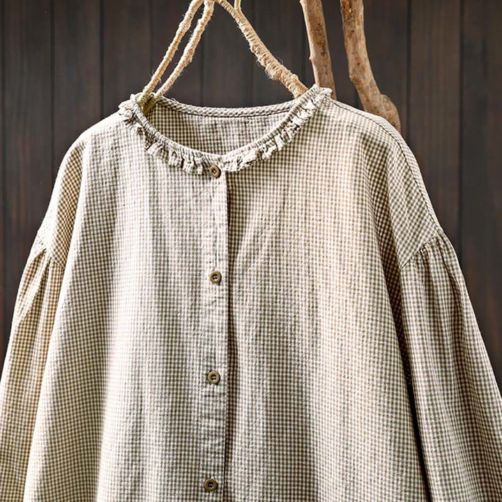 Buddha Stones Spring Small Plaid Buttons Down Long Sleeve Women's Cotton Shirt - image 14