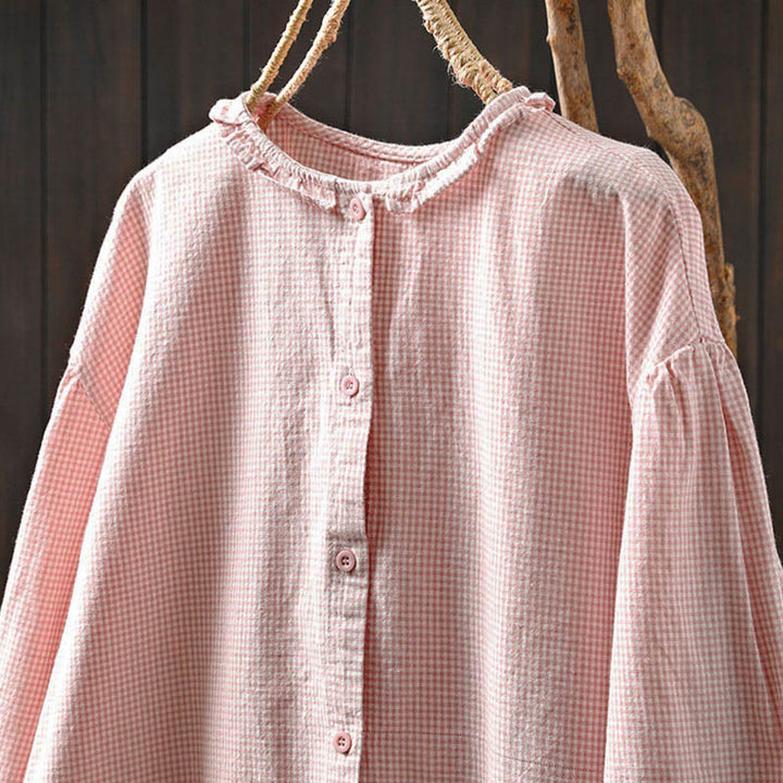 Buddha Stones Spring Small Plaid Buttons Down Long Sleeve Women's Cotton Shirt - image 12