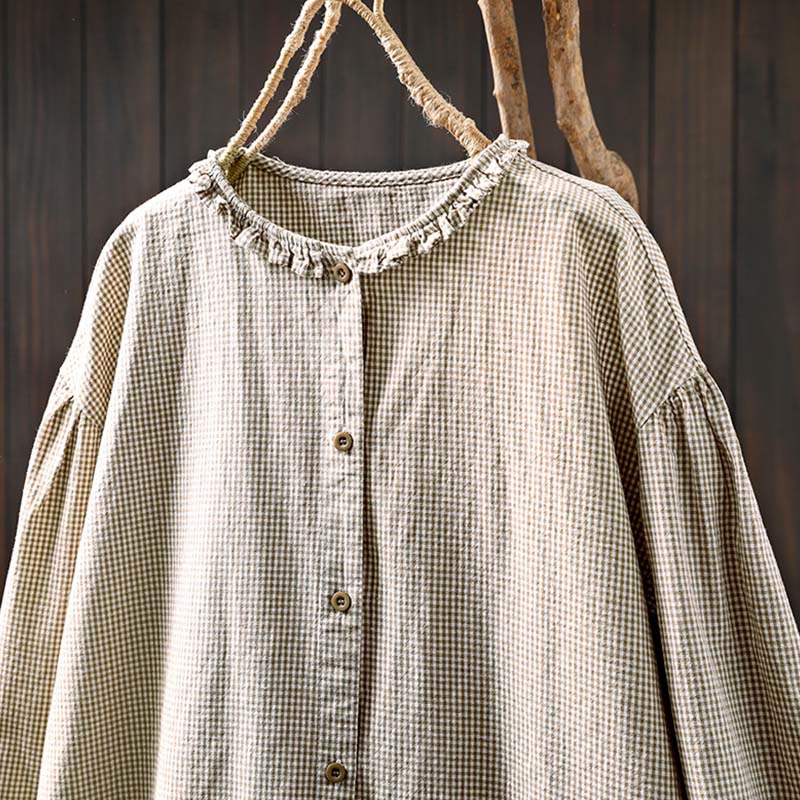 Buddha Stones Spring Small Plaid Buttons Down Long Sleeve Women's Cotton Shirt - image 14