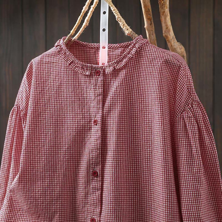 Buddha Stones Spring Small Plaid Buttons Down Long Sleeve Women's Cotton Shirt - image 18