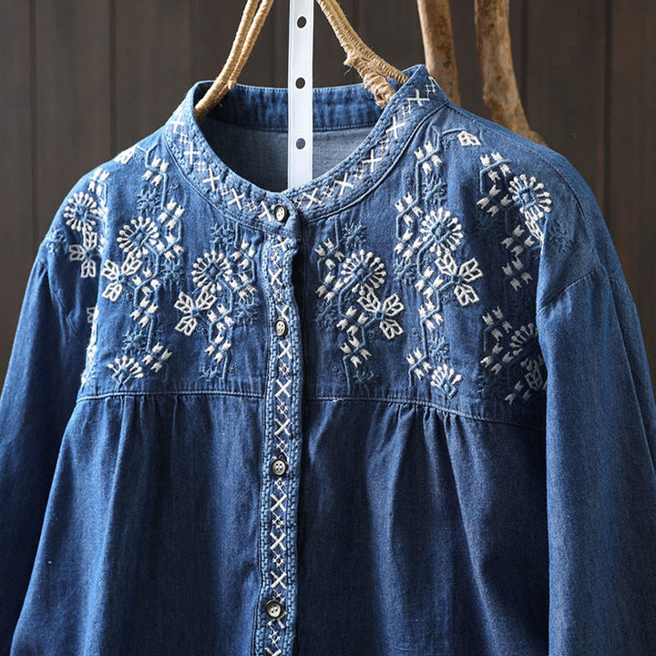 Buddha Stones Geometry Floral Embroidery Cotton Denim Half Buttons Long Sleeve Women's Shirt - image 18