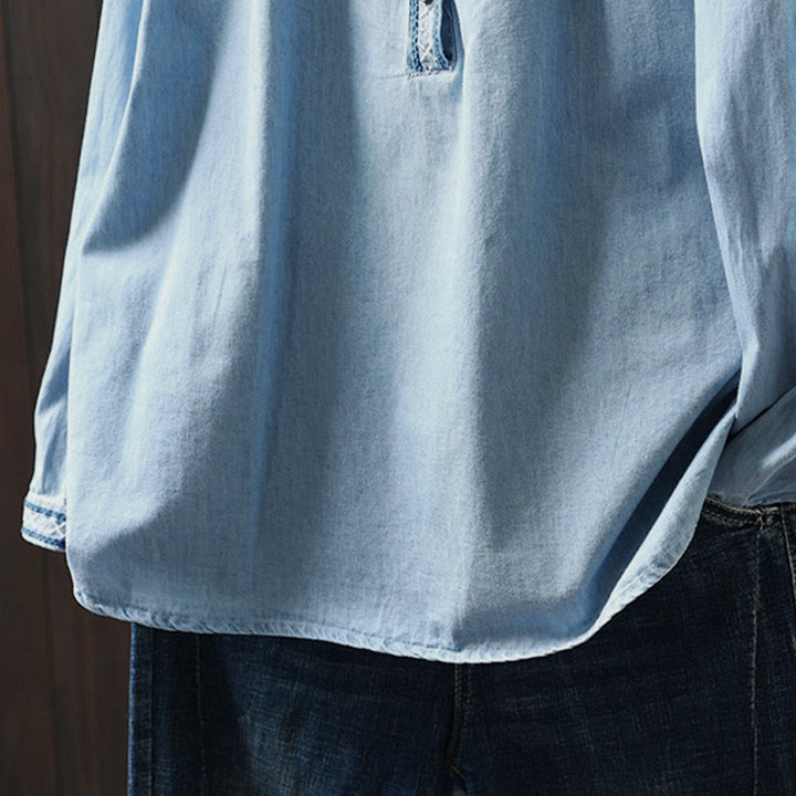 Buddha Stones Geometry Floral Embroidery Cotton Denim Half Buttons Long Sleeve Women's Shirt - image 12