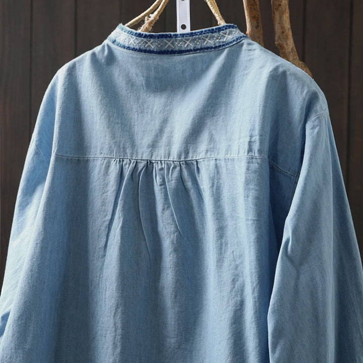 Buddha Stones Geometry Floral Embroidery Cotton Denim Half Buttons Long Sleeve Women's Shirt - image 4