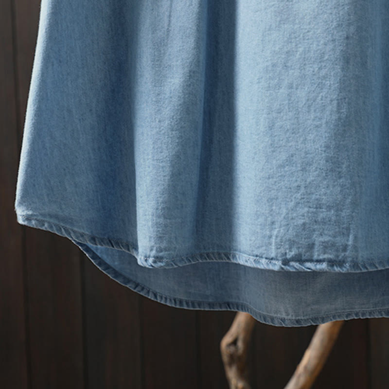 Buddha Stones Geometry Floral Embroidery Cotton Denim Half Buttons Long Sleeve Women's Shirt - image 13