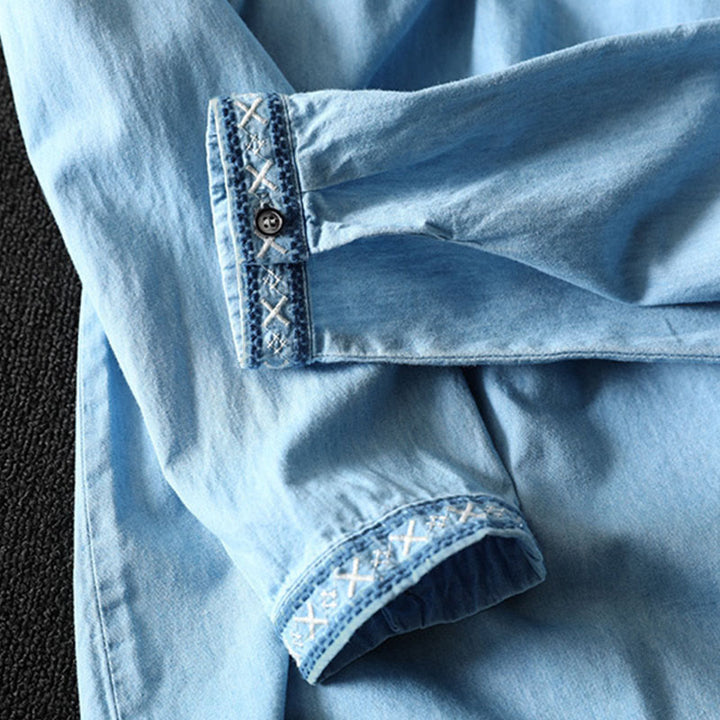 Buddha Stones Geometry Floral Embroidery Cotton Denim Half Buttons Long Sleeve Women's Shirt - image 11