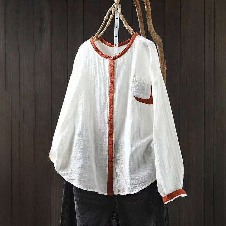 Buddha Stones Spring Contrasting Buttons Down Long Sleeve Women's Cotton Shirt - White - US4-6，UK/AU8-10，EU36-38 (F) - image 2