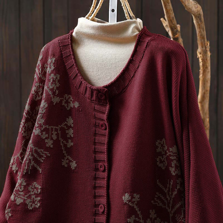 Buddha Stones Floral Buttons Cotton Women's Long Batwing Sleeve Knitted Cardigan - image 1