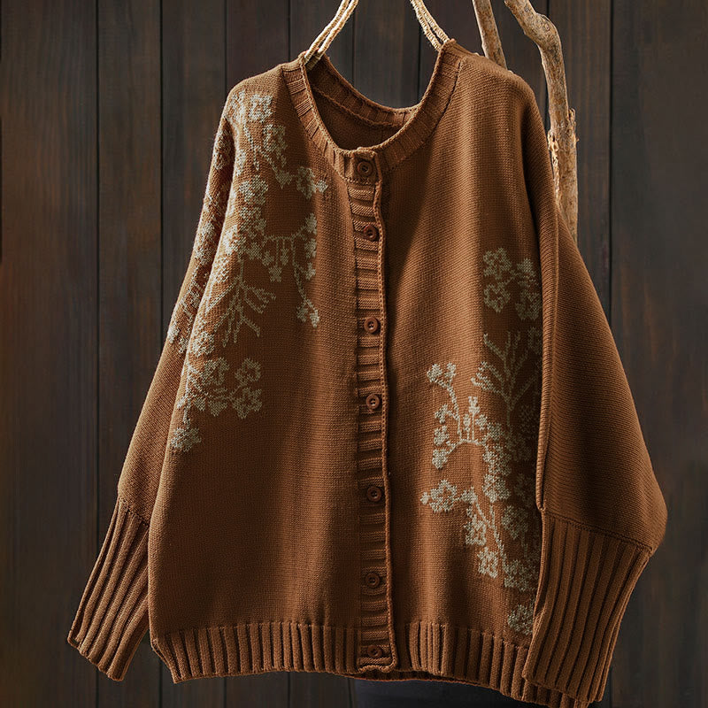 Buddha Stones Floral Buttons Cotton Women's Long Batwing Sleeve Knitted Cardigan - image 4