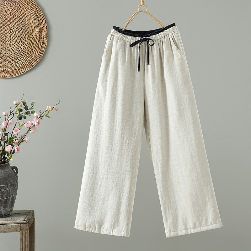 Buddha Stones Winter Contrasting Drawstring Cotton Linen Women's Wide Leg Pants With Pockets - Linen - US8-10，UK/AU12-14，EU40-42 (2XL) - image 6