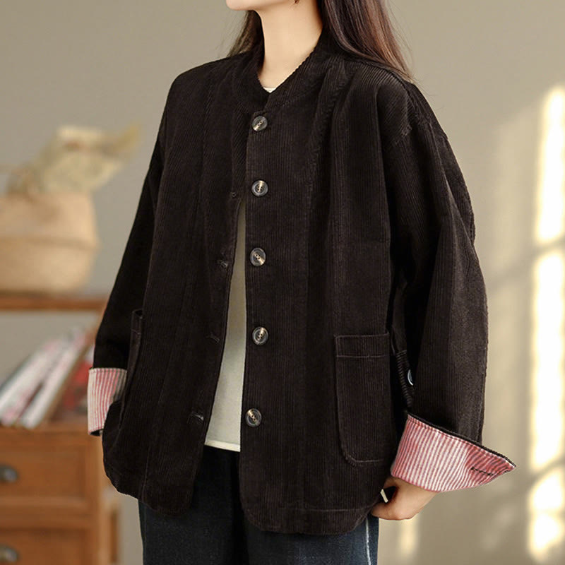 Buddha Stones Buttons Design Corduroy Long Sleeve Women's Jacket With Pockets - image 19