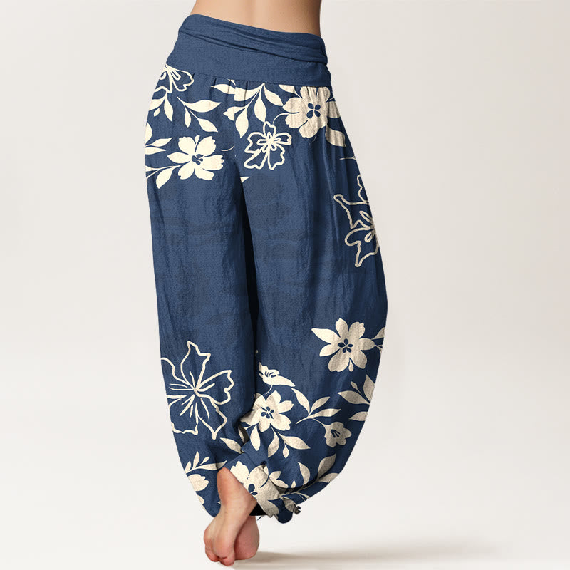 Buddha Stones Cotton Retro Simple Flowers Leaves Pattern Women's Elastic Waist Harem Pants - image 1