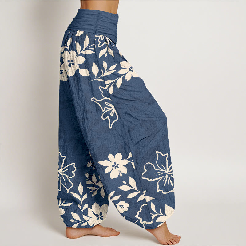 Buddha Stones Cotton Retro Simple Flowers Leaves Pattern Women's Elastic Waist Harem Pants - image 2