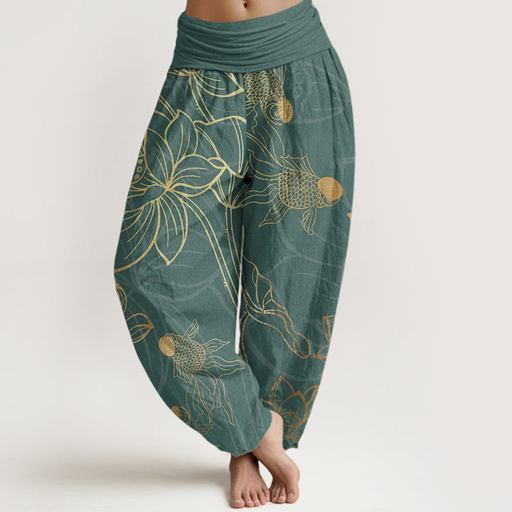Buddha Stones Cotton Lotus Leaf Koi Fish Women's Elastic Waist Harem Pants - DarkCyan - US22，UK/AU26，EU54 (6XL) - image 0