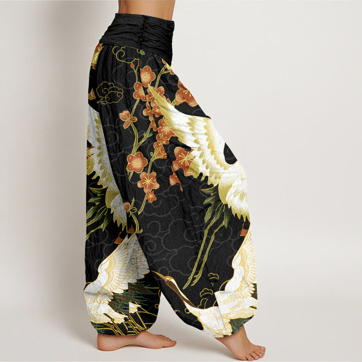 Buddha Stones Pure Cotton Cranes Flowers Auspicious Clouds Pattern Women's Elastic Waist Harem Pants - image 2