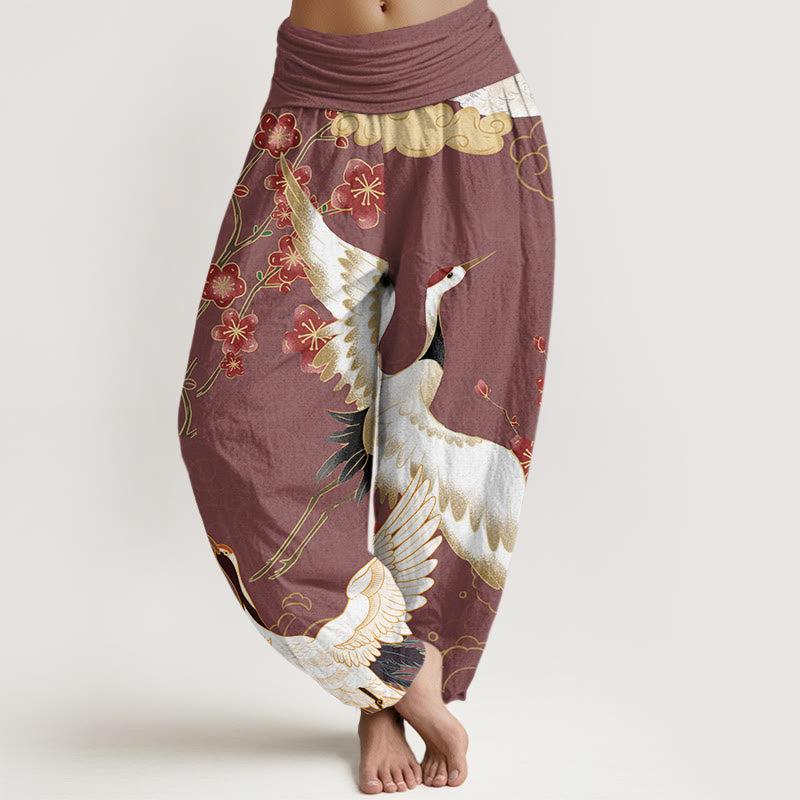 Buddha Stones Pure Cotton Cranes Flowers Auspicious Clouds Pattern Women's Elastic Waist Harem Pants - MediumVioletRed - US22，UK/AU26，EU54 (6XL) - image 5