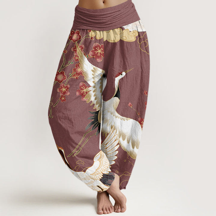 Buddha Stones Pure Cotton Cranes Flowers Auspicious Clouds Pattern Women's Elastic Waist Harem Pants - PaleVioletRed - US22，UK/AU26，EU54 (6XL) - image 5
