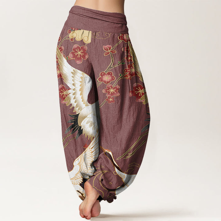 Buddha Stones Pure Cotton Cranes Flowers Auspicious Clouds Pattern Women's Elastic Waist Harem Pants - image 6