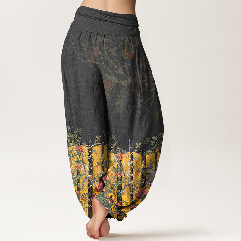Buddha Stones Cotton Gorgeous Peacock Flower Pattern Women's Elastic Waist Harem Pants - image 6