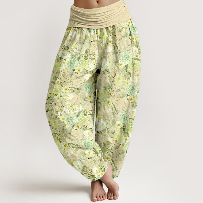Buddha Stones Cotton Pastoral Flower Pattern Women's Elastic Waist Harem Pants - LemonChiffon - US16，UK/AU20，EU48 (3XL) - image 0
