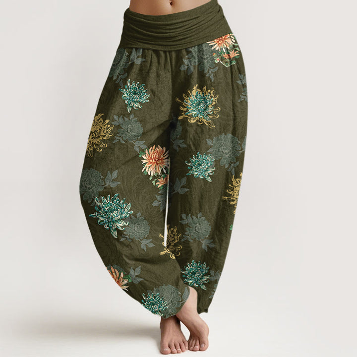 Buddha Stones Cotton Various Colors Chrysanthemum Pattern Women's Elastic Waist Harem Pants - Olive - US16，UK/AU20，EU48 (3XL) - image 8