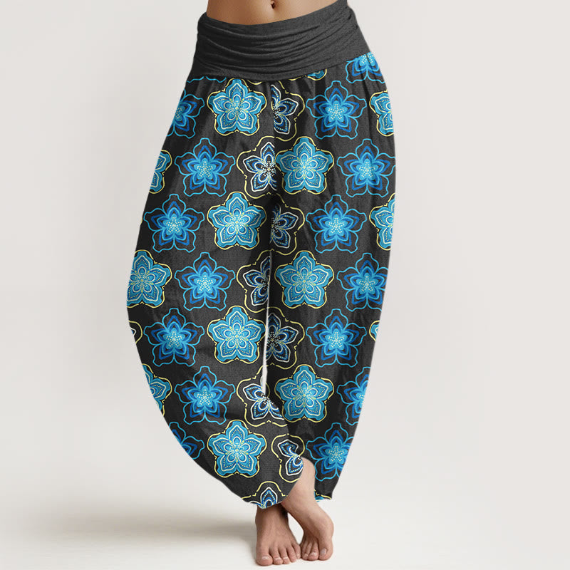 Buddha Stones Cotton Regular Layout Of Five-petal Flower Pattern Women's Elastic Waist Harem Pants - Black - US16，UK/AU20，EU48 (3XL) - image 5