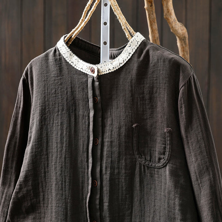 Buddha Stones Spring Fall Lace Collar Button Down Long Sleeve Women's Cotton Shirt - image 17