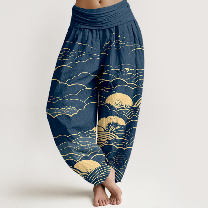 Buddha Stones Cotton Classical Clouds Spiral Pattern Women's Elastic Waist Harem Pants - Navy - US16，UK/AU20，EU48 (3XL) - image 0